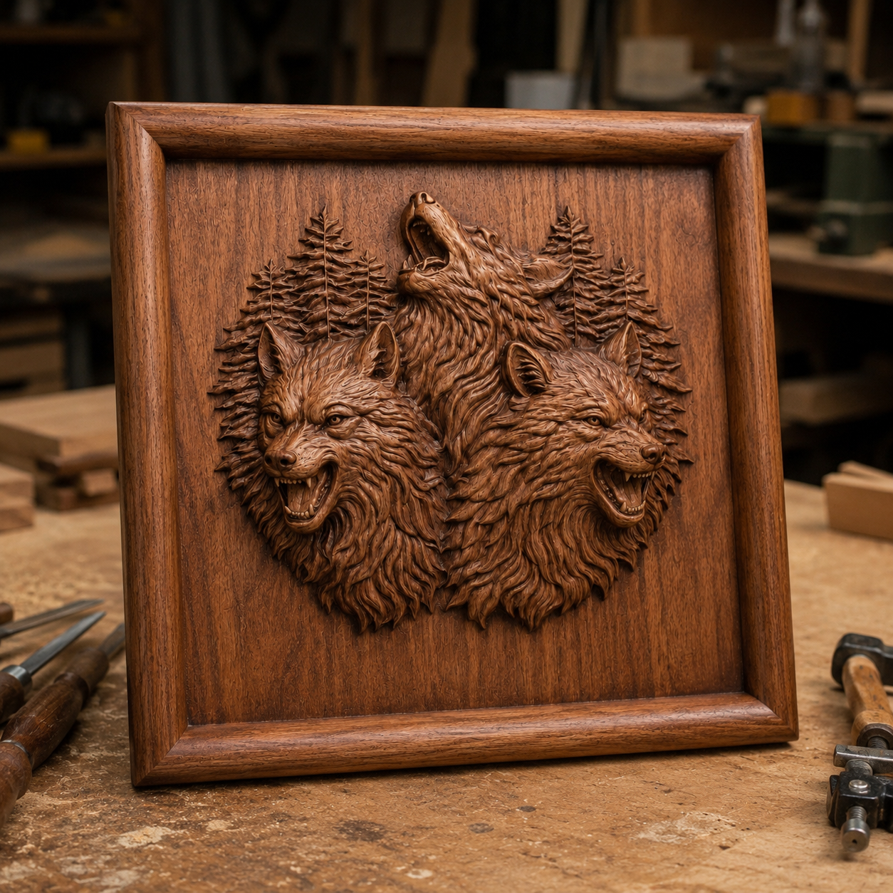 The "Three Wolves Howling Relief STL File | Wolf Pack CNC Wall Art" by Form Arcade showcases three wolf heads with trees in the background, perfect for wildlife-themed décor or CNC woodworking projects.