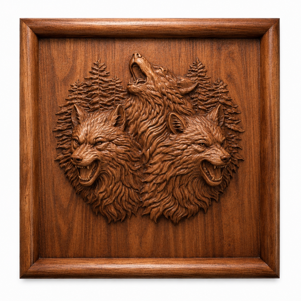 The Three Wolves Howling Relief STL File by Form Arcade features a wooden CNC design of two growling and one howling wolf among pine trees, framed by a rectangle—perfect wall art for wildlife fans.