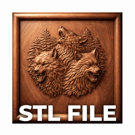 Three wolves howling relief STL file thumbnail showing framed CNC carved wood panel with wolf pack design, trees, and circular composition for CNC carving and 3D printing wall art