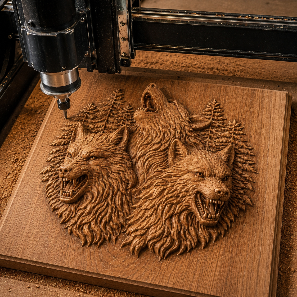 A CNC machine carves a panel from the Three Wolves Howling Relief STL File by Form Arcade, showing detailed wolf heads and trees—ideal wall art for CNC or 3D print projects. Perfect as Wolf Pack decor.