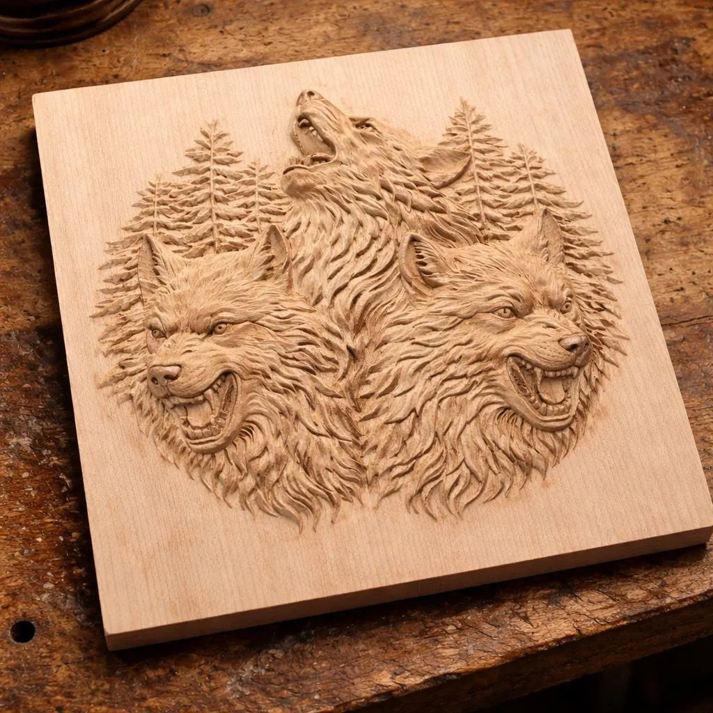 Three wolves howling relief CNC carved wood panel on workbench showing natural wood grain, carving depth, and clean toolpaths created from STL file for CNC carving
