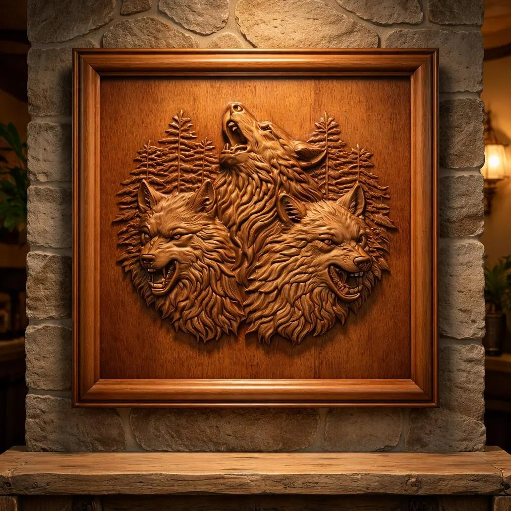Three wolves howling CNC carved wood wall art panel displayed in rustic interior setting, wolf pack decor created from STL file for CNC carving and 3D printing projects