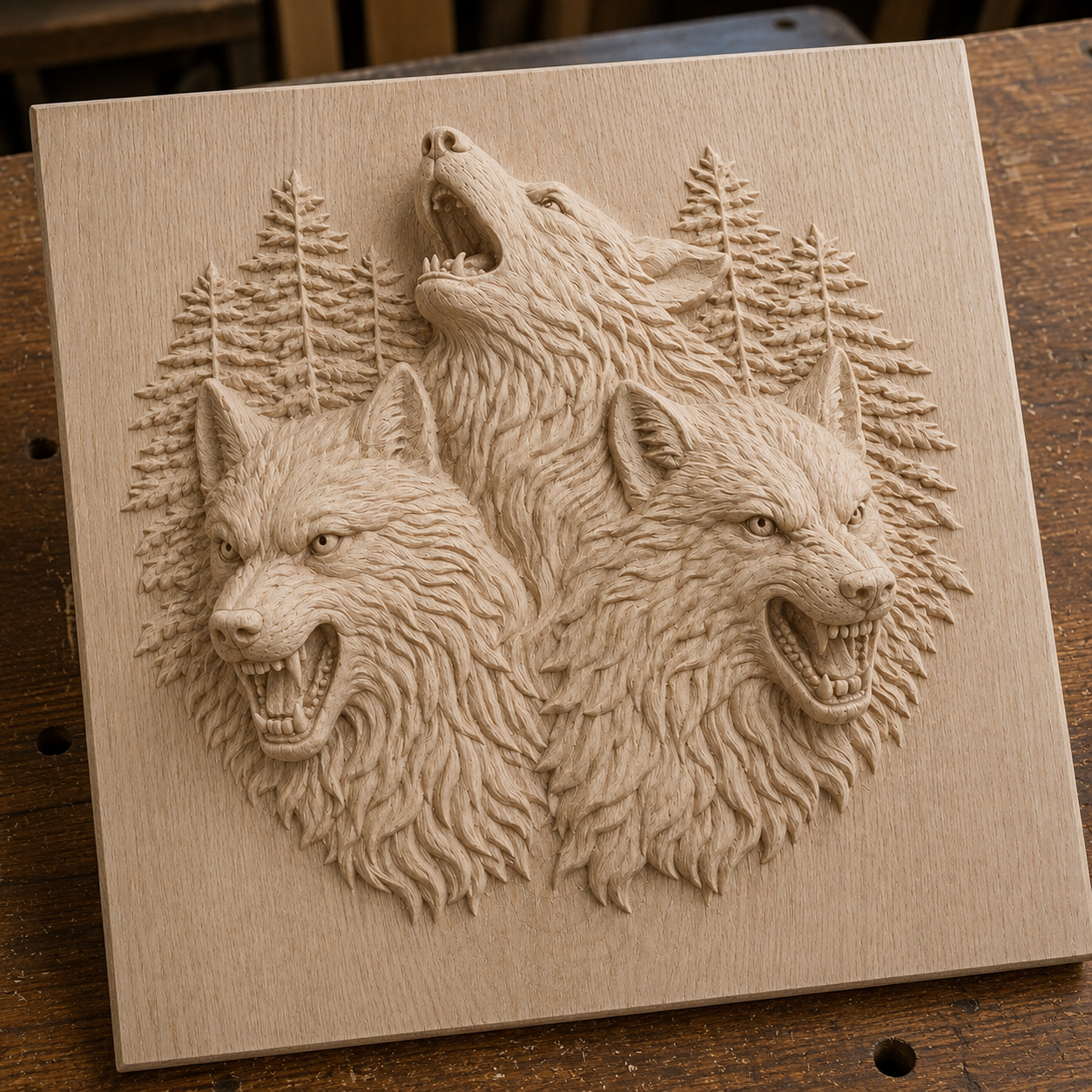 The Three Wolves Howling Relief STL File by Form Arcade features a detailed wolf pack wall art surrounded by pine trees, perfect for CNC carving or 3D printing projects. Ideal for wildlife decor enthusiasts.