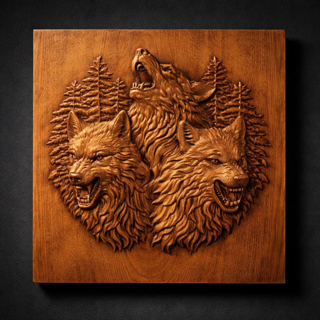 Detailed three wolves howling relief CNC STL design showing layered wolf heads, fur texture, trees, and depth optimized for CNC carving and high-resolution 3D printing