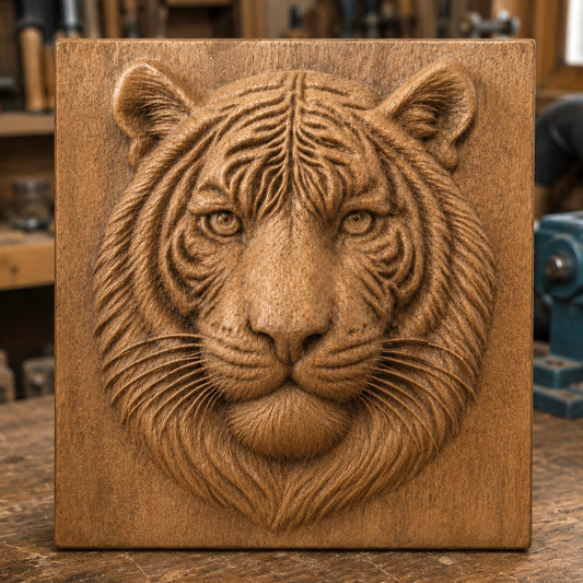 Showcased upright on a workbench surrounded by woodworking tools and shelves, the “Tiger Portrait Relief STL File | Wildlife CNC Wall Art” from Form Arcade features a striking, detailed wooden carving of a tiger’s face on a square plaque, crafted using advanced CNC relief carving techniques.