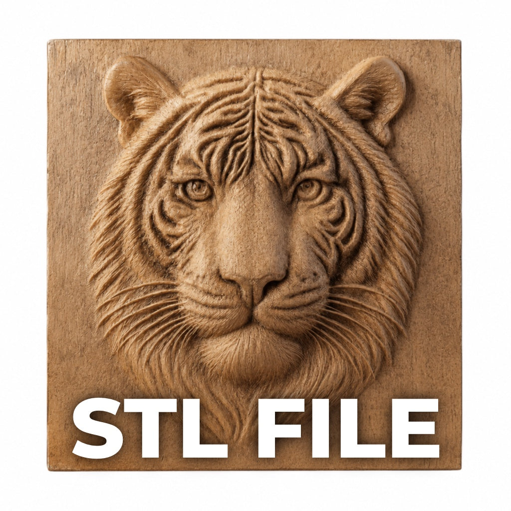 The Tiger Portrait Relief STL File by Form Arcade is a detailed tiger head carving for wildlife CNC wall art, featuring "STL FILE" in bold white letters at the bottom.