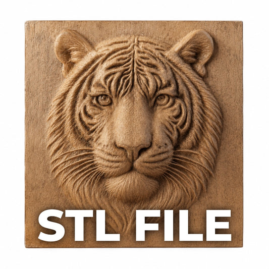 The Tiger Portrait Relief STL File by Form Arcade is a detailed tiger head carving for wildlife CNC wall art, featuring "STL FILE" in bold white letters at the bottom.
