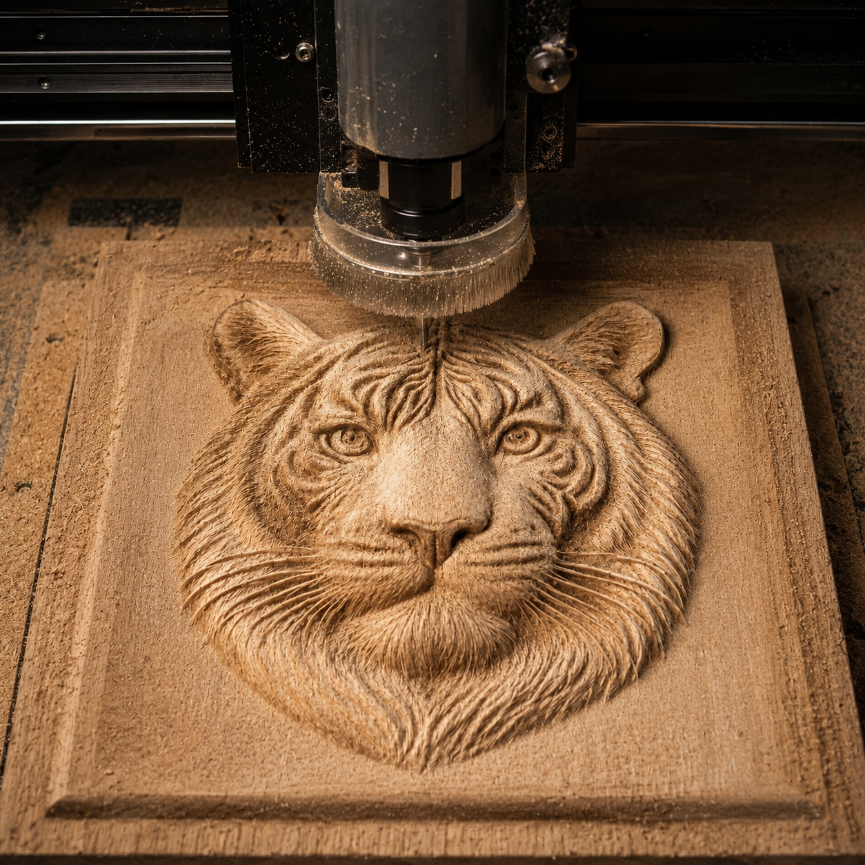 The Tiger Portrait Relief STL File by Form Arcade lets your CNC machine carve a detailed, 3D tiger head into wood, producing striking wildlife wall art with intricate fur and facial features—perfect for creating eye-catching decor.