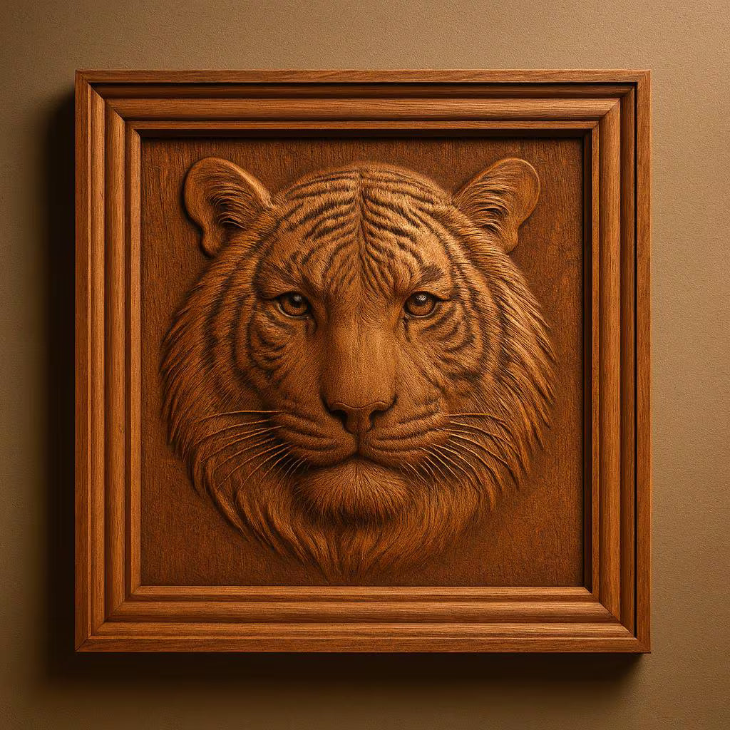 The Tiger Portrait Relief STL File by Form Arcade is a CNC wall art design featuring a detailed tiger face in a square wood frame. Realistic fur texture and expressive eyes make this wildlife woodworking piece stand out on any wall.