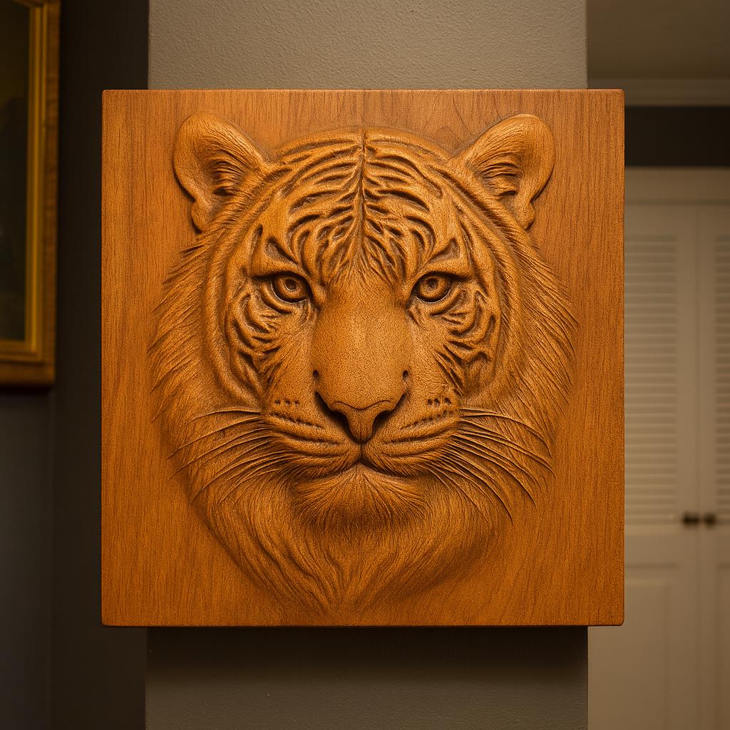 The Tiger Portrait Relief STL File by Form Arcade is a detailed wildlife CNC wall art design featuring a lifelike tiger’s face, perfect for creating expressive square wooden plaques for your indoor space.