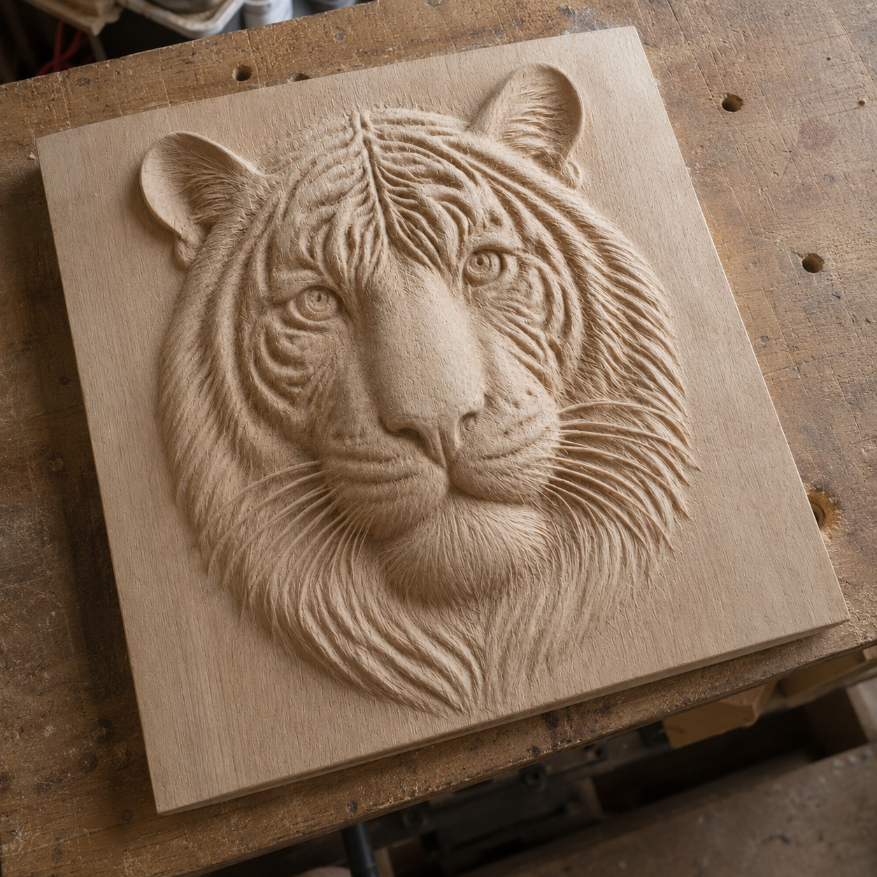 The Tiger Portrait Relief STL File by Form Arcade features a detailed wood carving of a tiger’s face with realistic fur texture and expressive eyes, perfect for wildlife CNC wall art and showcasing expert craftsmanship.