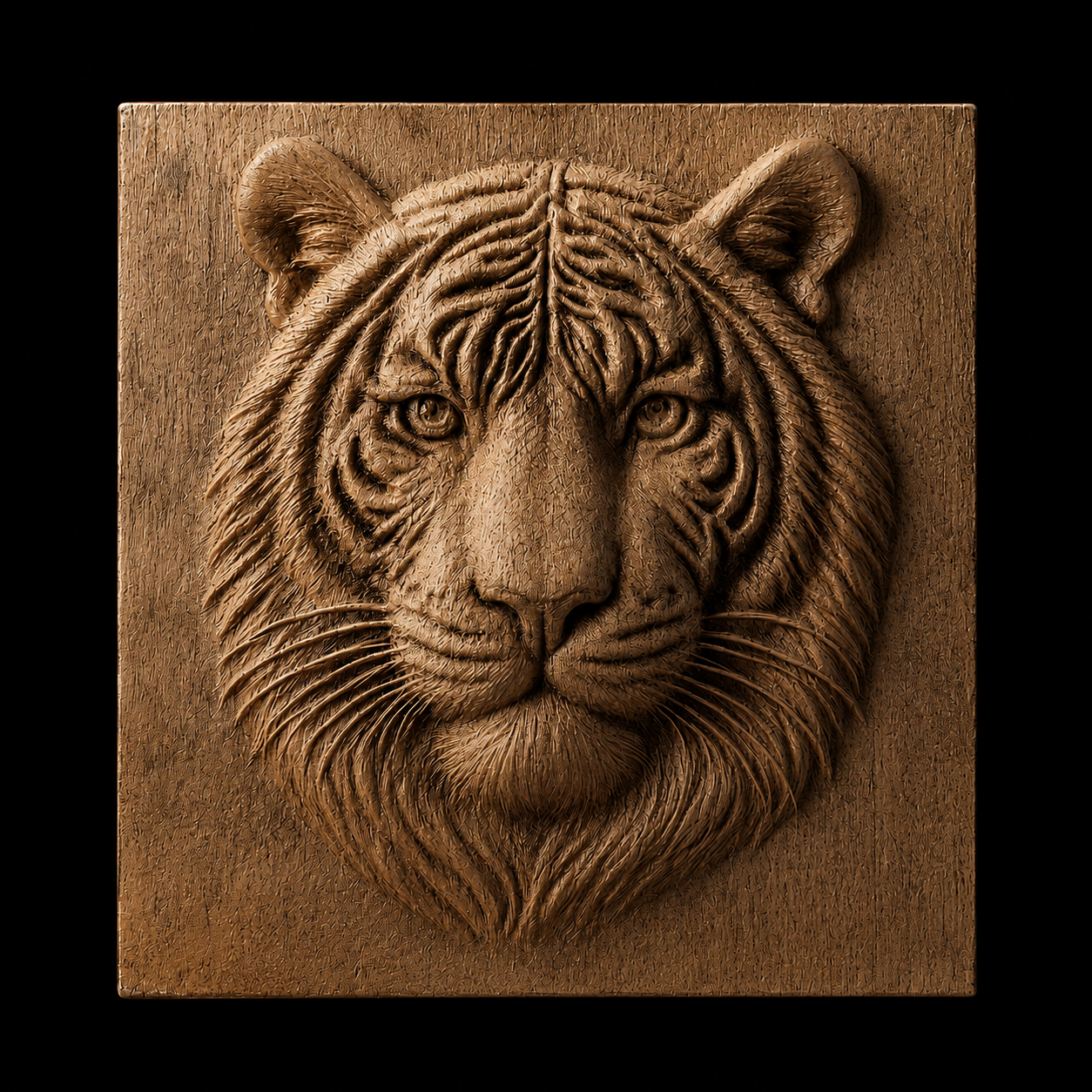 The Tiger Portrait Relief STL File by Form Arcade features a detailed bas relief of a tiger’s face, perfect for wildlife CNC wall art or woodworking projects.