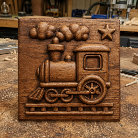 A wooden relief carving of a toy train engine on tracks, complete with smoke puffs and a star, rests on a workshop table surrounded by tools and wood shavings—an ideal source of inspiration for woodworking projects or as the Toy Train CNC Relief STL File | Train CNC Wall Art by Form Arcade.