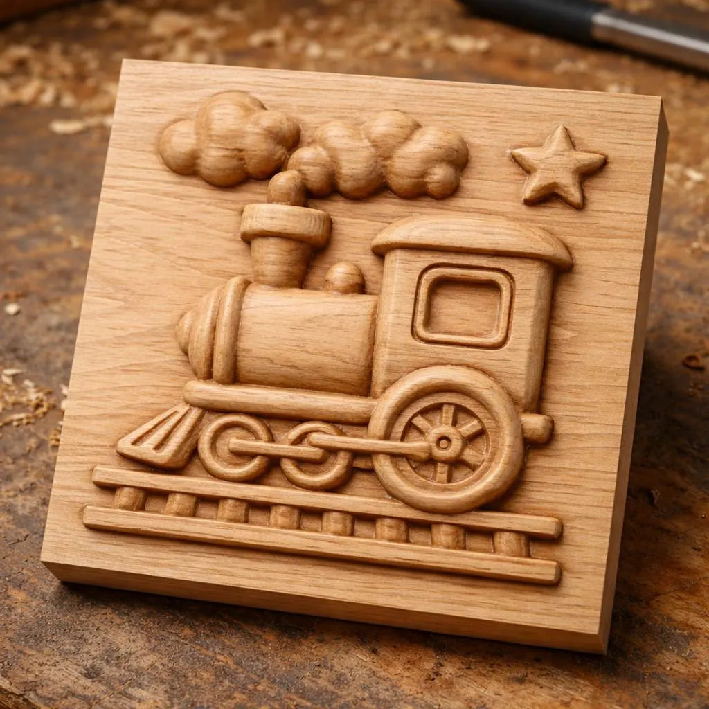 Showcased on a wooden surface, the Toy Train CNC Relief STL File by Form Arcade features a detailed carving of a train with smoke, a star, and tracks—perfect as wall art or as inspiration for your next woodworking or CNC relief project.