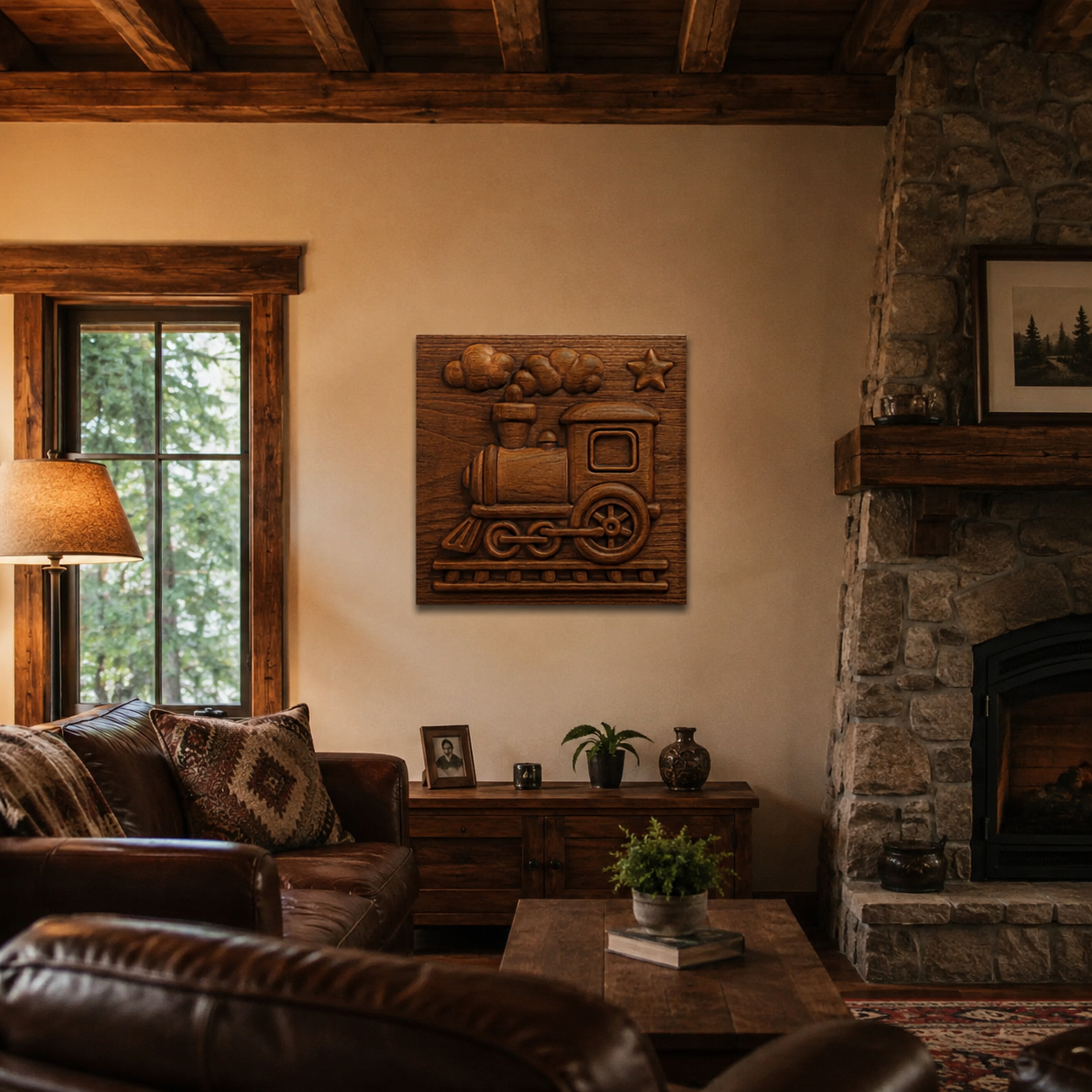 A cozy living room with leather furniture, wooden walls, and a stone fireplace features the Toy Train CNC Relief STL File | Train CNC Wall Art by Form Arcade—an intricately carved artwork displayed above a cabinet with plants and framed photos. Warm light from a lamp beside the window brightens the scene.