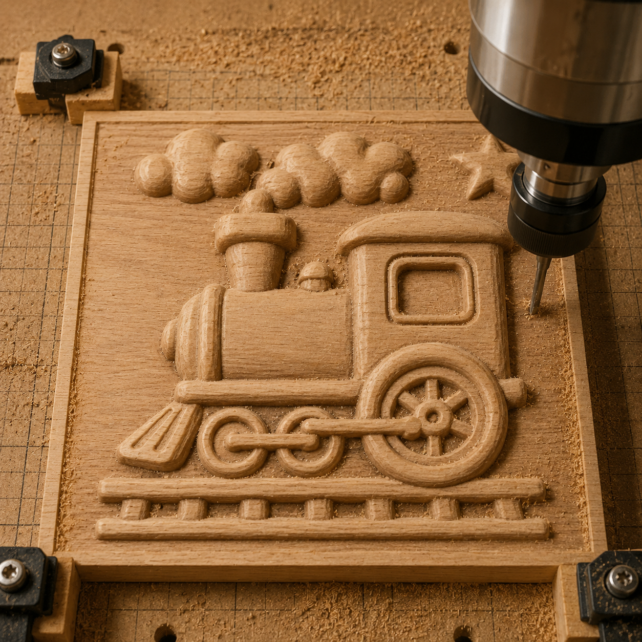 A CNC machine carves a wooden plaque from the Toy Train CNC Relief STL File | Train CNC Wall Art by Form Arcade, featuring a raised image of a steam locomotive, clouds, and a star with wood shavings scattered around the carving area—an inspiring addition to your woodworking projects or Toy Train STL collection.