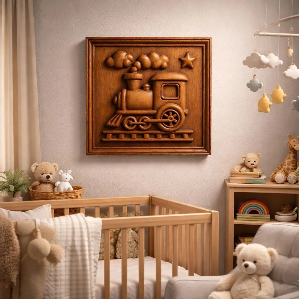 A cozy nursery features a wooden crib, plush teddy bears, shelves filled with toys, and a beautifully crafted Form Arcade Toy Train CNC Relief STL File | Train CNC Wall Art mounted above the crib as eye-catching wooden wall art. A mobile with clouds and stars hangs nearby. Soft lighting bathes the room in warmth, highlighting the charm of Form Arcade's woodworking creations.