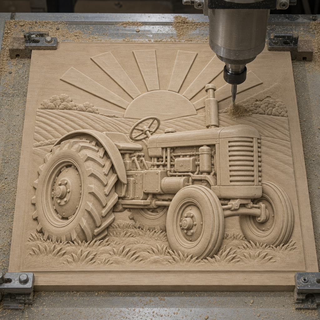 CNC router cutting a detailed tractor relief with field rows and sun rays into a wood panel.