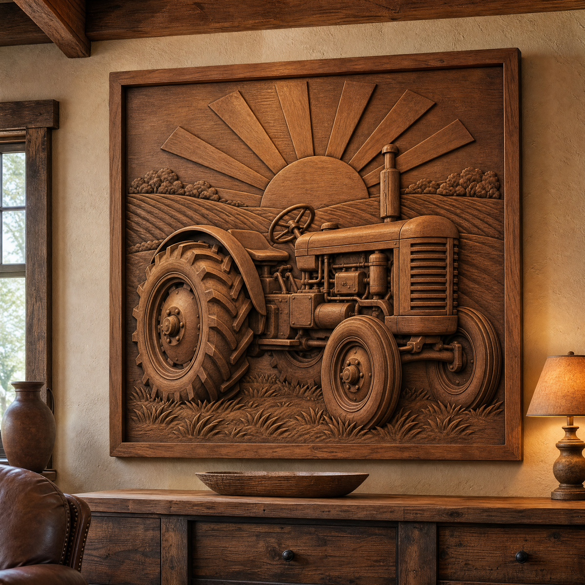Vintage tractor CNC wood relief with field rows and rising sun, mounted above a console in a rustic room.
