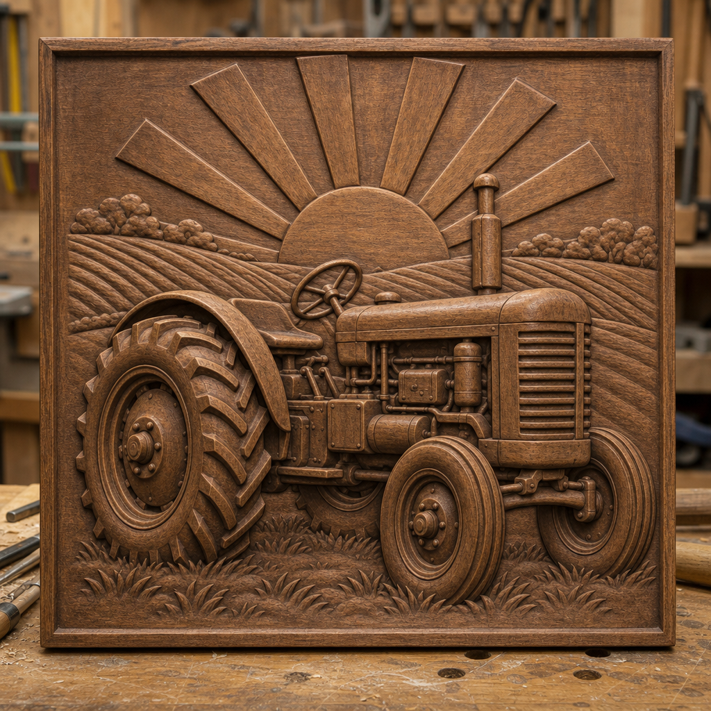 Framed wood CNC relief of a vintage tractor crossing furrowed fields beneath a rising sun, shown in a workshop.