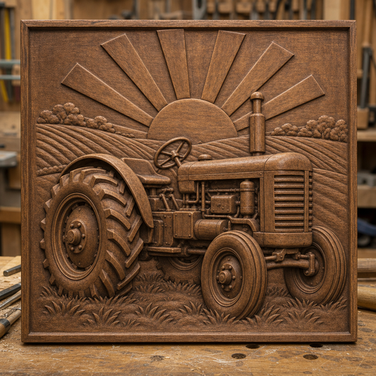 Framed wood CNC relief of a vintage tractor crossing furrowed fields beneath a rising sun, shown in a workshop.