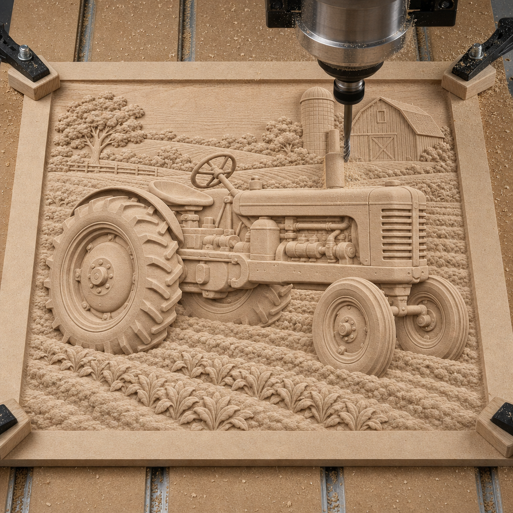 CNC cutting a tractor farm scene into a wood panel, with field rows, barn, silo, trees, hills, and fence visible.