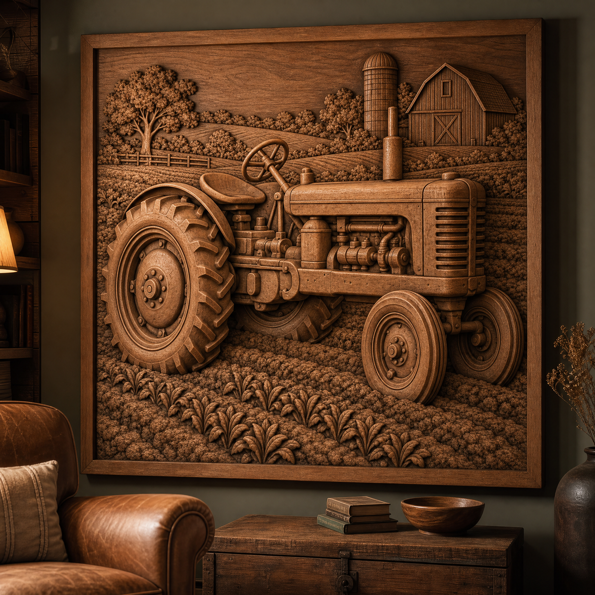 Framed CNC wood relief showing a tractor in cultivated field rows with a barn, silo, trees, and rural hills.