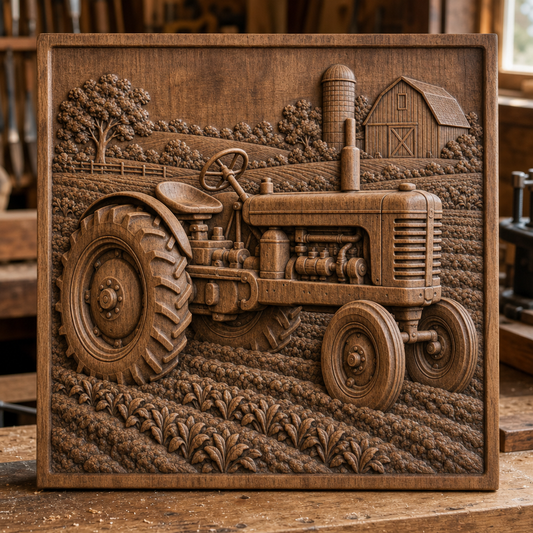 Detailed CNC wood relief of a tractor plowing field rows, with barn, silo, trees, hills, and fence.