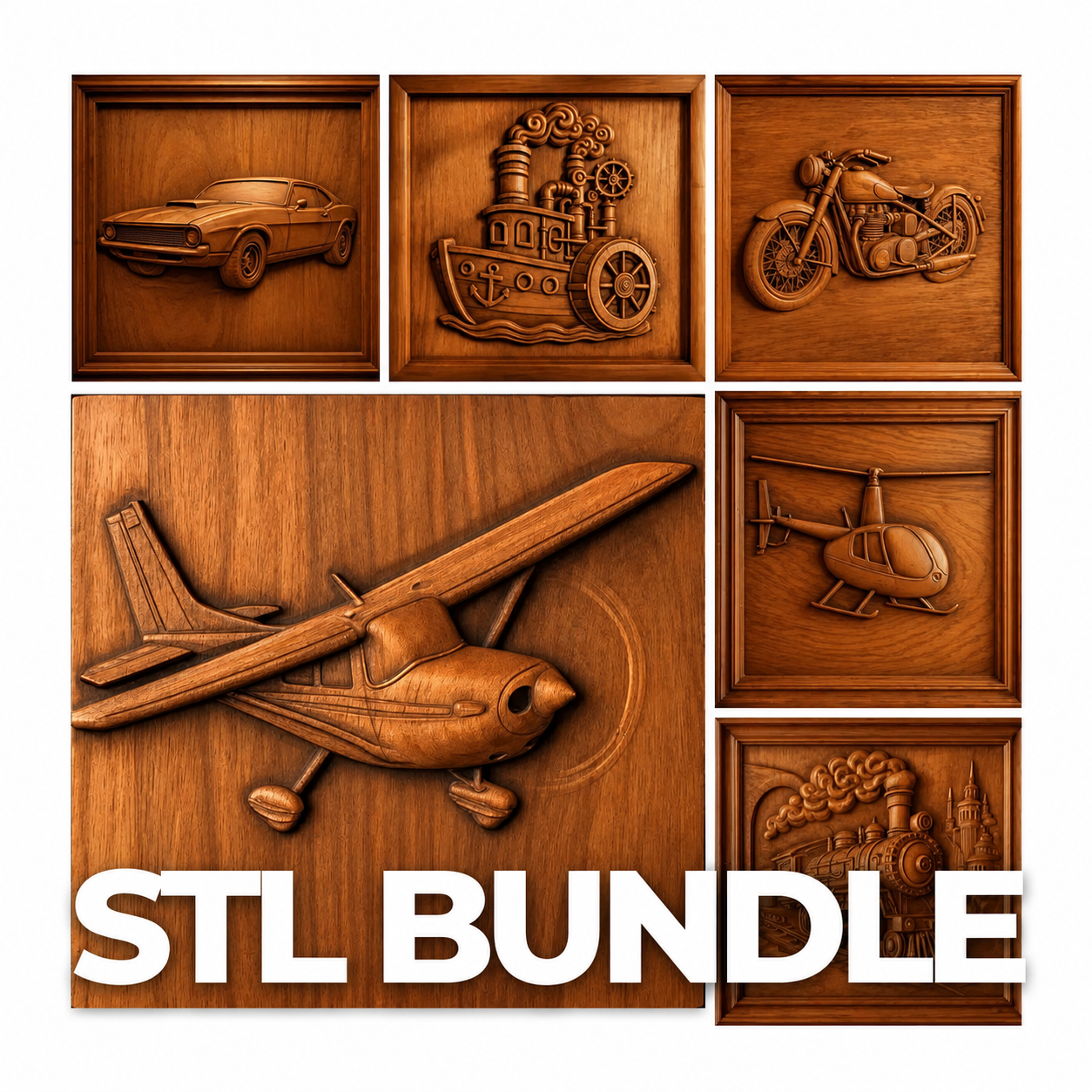 The Form Arcade Transportation Relief CNC STL Bundle | Vehicle CNC Wall Art includes six wooden plaques with relief carvings of a car, tugboat, motorcycle, airplane, helicopter, and train. “CNC STL Bundle” is in bold white letters at the bottom.