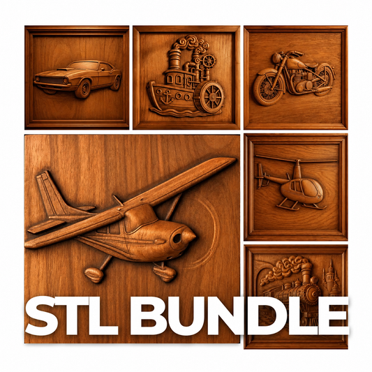 The Form Arcade Transportation Relief CNC STL Bundle | Vehicle CNC Wall Art includes six wooden plaques with relief carvings of a car, tugboat, motorcycle, airplane, helicopter, and train. “CNC STL Bundle” is in bold white letters at the bottom.