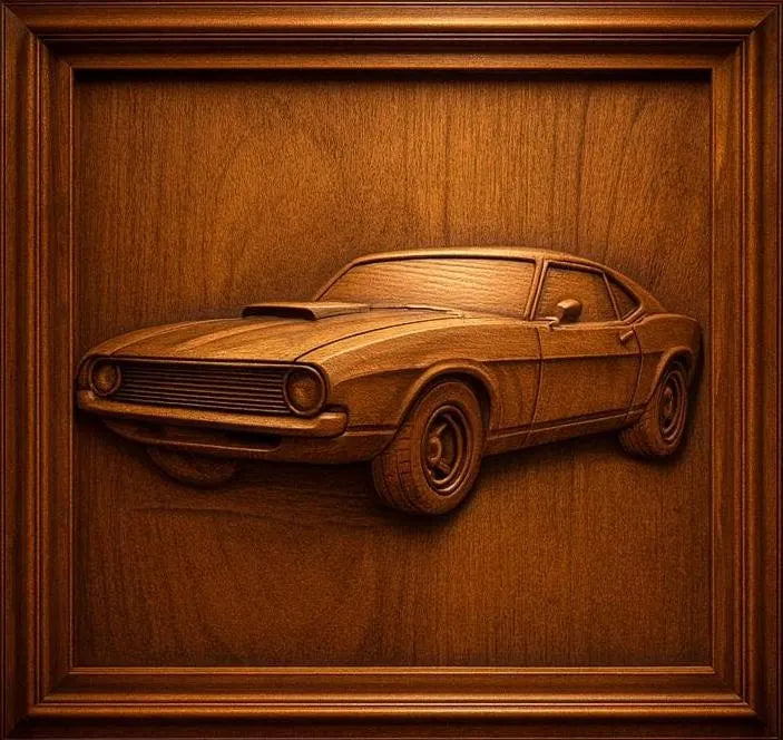 The Transportation Relief CNC STL Bundle by Form Arcade features detailed vehicle CNC wall art, showcasing classic muscle cars in polished wooden frames—highlighting intricate relief carving perfect for woodworking projects.