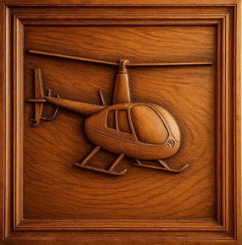 The Transportation Relief CNC STL Bundle by Form Arcade features a detailed wooden helicopter in relief, framed by a border—ideal for vehicle-themed CNC wall art or woodworking projects.