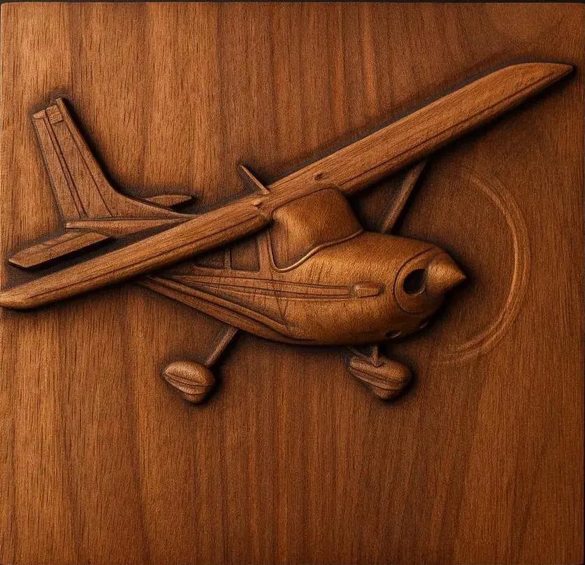 The Form Arcade Transportation Relief CNC STL Bundle features a detailed propeller airplane in flight on a smooth rectangular panel, perfect for CNC relief carving and woodworking projects. Ideal as vehicle-themed wall art.