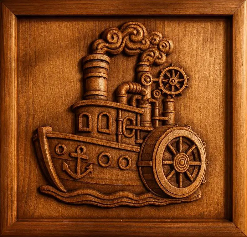 The Transportation Relief CNC STL Bundle by Form Arcade features a carved wooden steamboat with smokestacks, steam, paddle wheel, and anchor in a square frame—ideal for unique vehicle CNC wall art or woodworking projects.