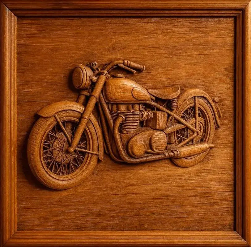 The Transportation Relief CNC STL Bundle by Form Arcade features detailed vintage motorcycle wall art, showcasing intricate craftsmanship and classic bike details, perfect as a woodworking project for vehicle enthusiasts.