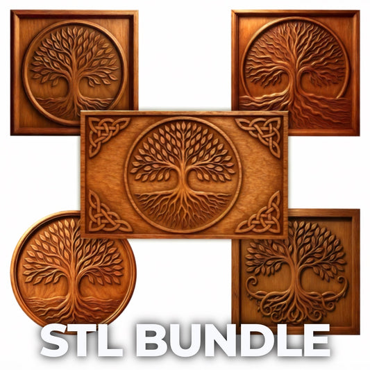 Five intricately carved Tree of Life designs from the Form Arcade Tree of Life Relief STL Bundle are displayed in a collage, perfect for CNC carving or 3D printing. “Tree of Life Relief STL Bundle 5 Designs” appears boldly at the bottom.