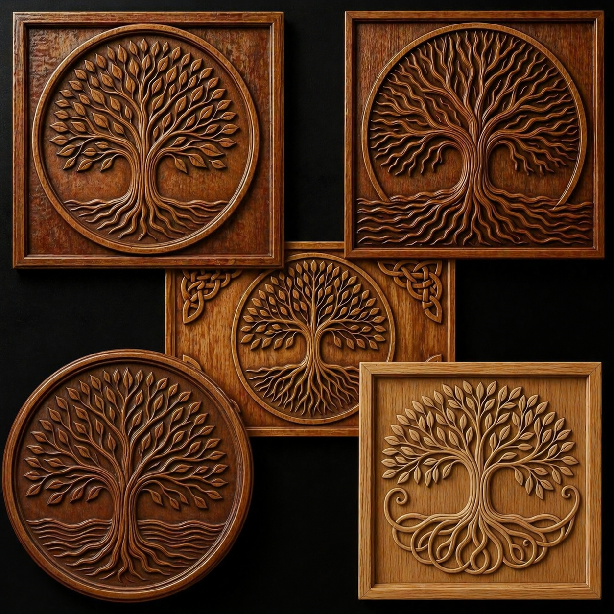 The Form Arcade Tree of Life Relief STL Bundle includes 5 unique CNC wall art designs, each featuring intricately carved tree medallions with swirling roots and branches—perfect for CNC carving or Tree Medallion STL projects.