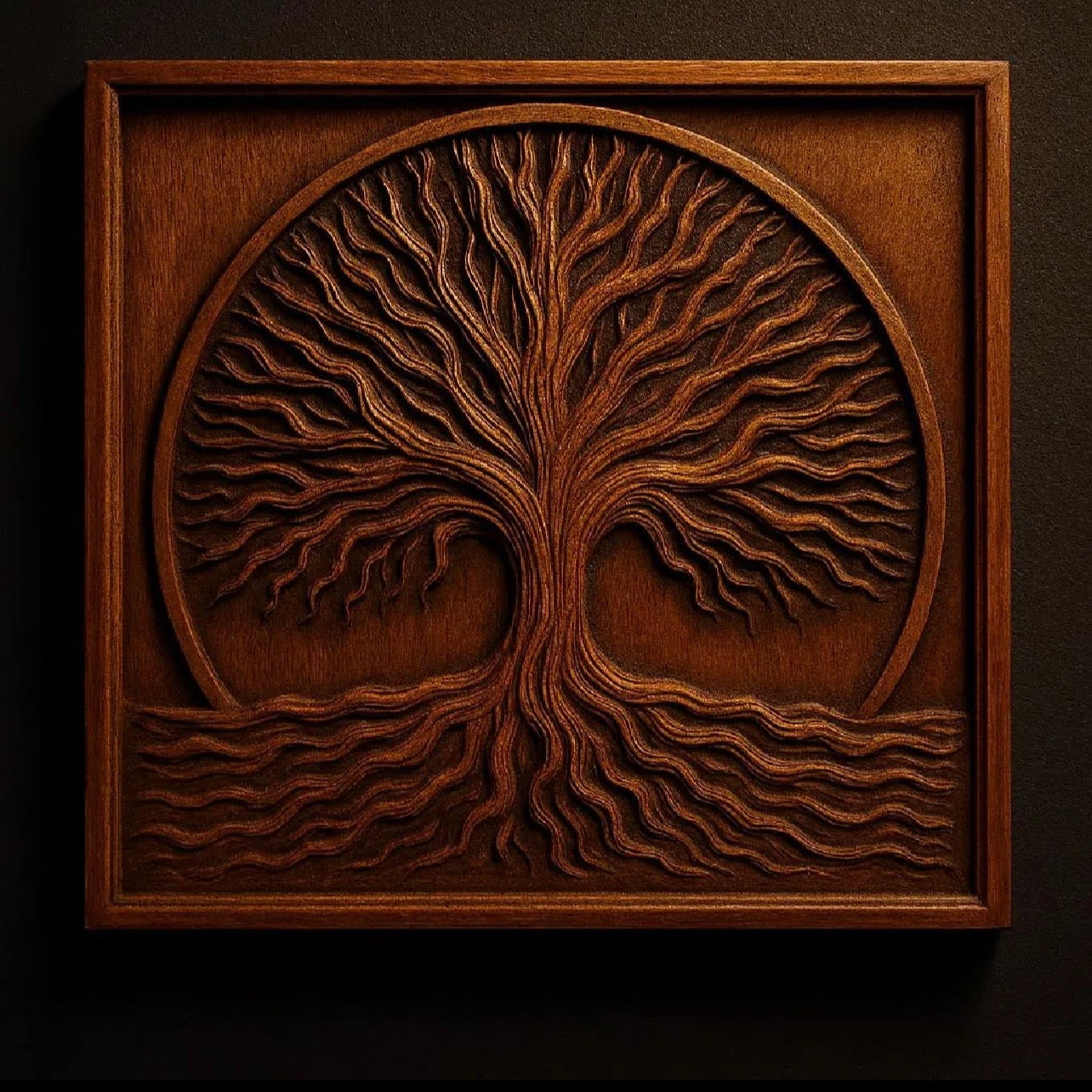 The Tree of Life Relief STL Bundle by Form Arcade features 5 CNC wall art designs with stylized trees in square frames, showcasing intricate, symmetrical patterns—ideal as inspiration for relief carving or creating unique tree medallions.