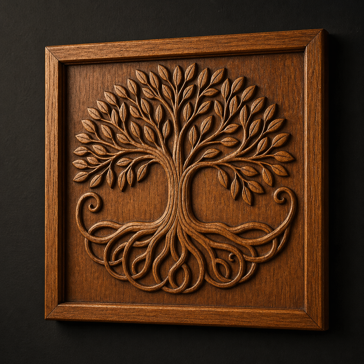 The Tree of Life Relief STL Bundle by Form Arcade features five CNC wall art designs with intricately carved trees, natural finishes, and simple wooden frames, highlighted against dark backgrounds for striking visual appeal.