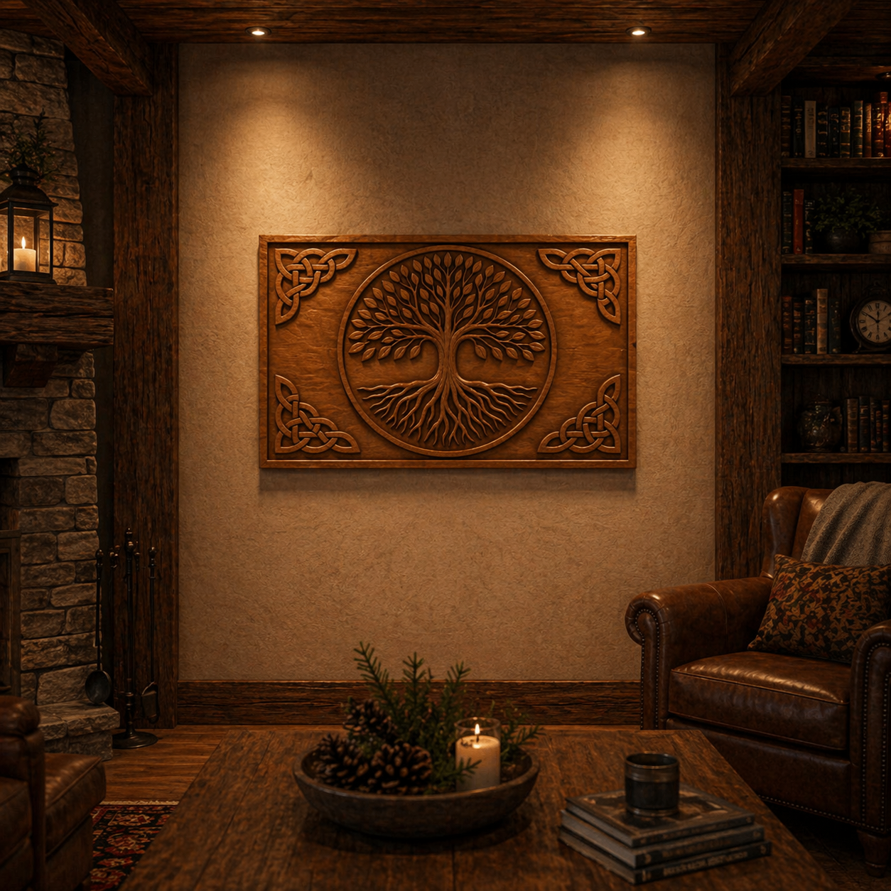 A cozy living room with warm lighting, a leather armchair, bookshelves, and wooden Tree of Life wall art—perfect inspiration for CNC or 3D printing with the Tree of Life Relief STL Bundle by Form Arcade.