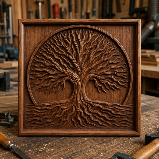 The Tree of Life Roots CNC Relief STL File by Form Arcade features a detailed wooden tree with flowing roots and branches in a square frame, perfect for CNC wall art projects. Displayed on a workbench, ideal for woodworking enthusiasts.