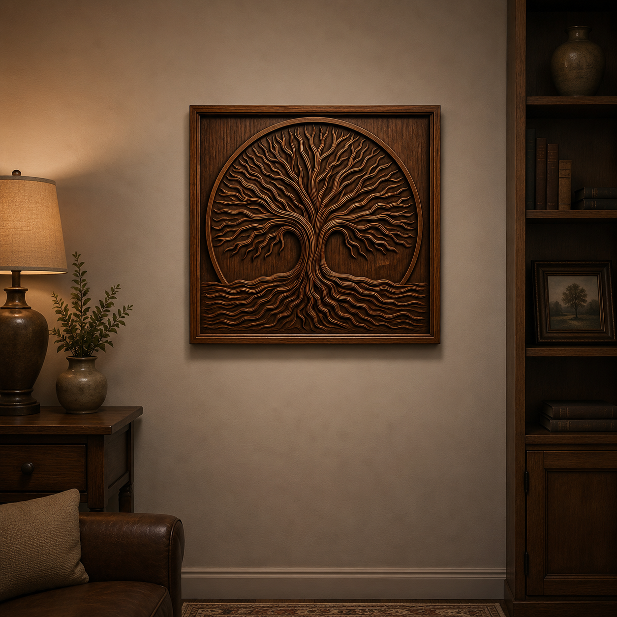 The Tree of Life Roots CNC Relief STL File by Form Arcade adds swirling branches and roots above a lamp-lit side table and potted plant, beside a bookshelf—a cozy, inspiring Tree CNC wall art design for your woodworking projects.