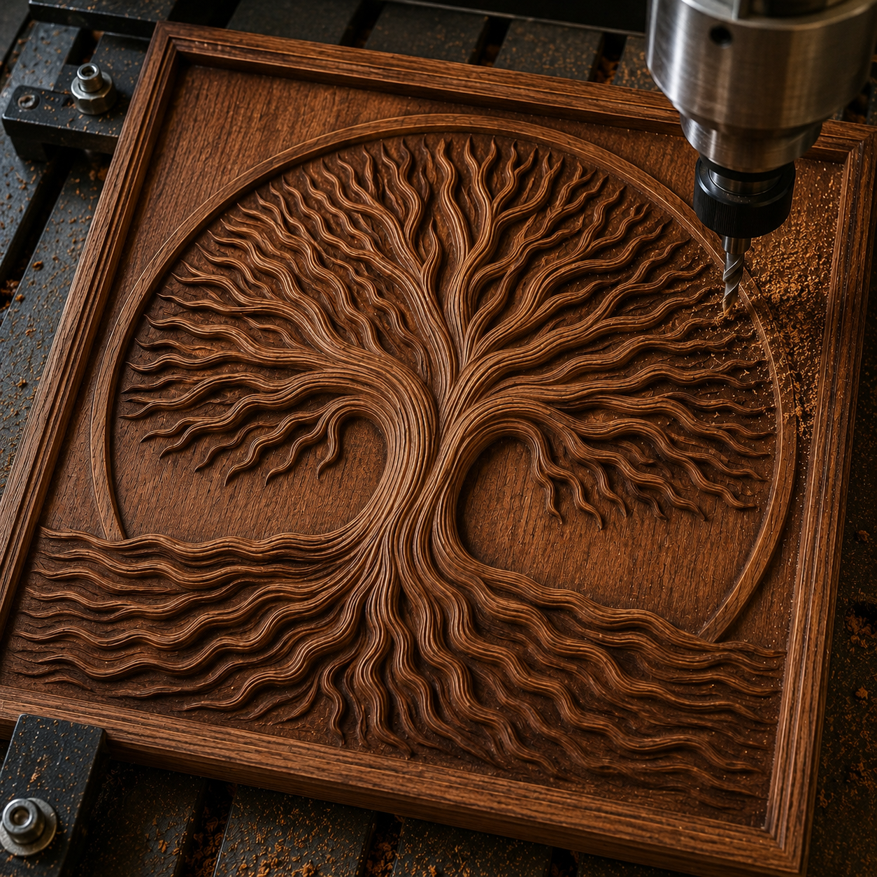The Tree of Life Roots CNC Relief STL File by Form Arcade features an intricate tree design with swirling roots and branches—ideal for woodworking inspiration or anyone seeking unique Tree CNC wall art.