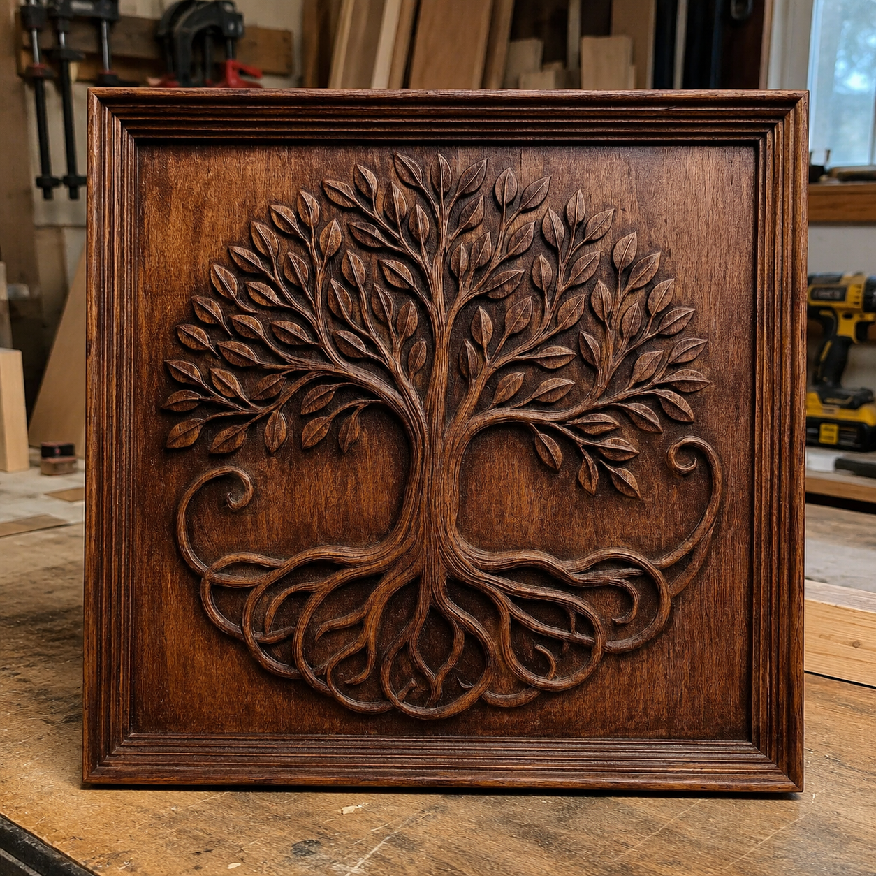 The Tree of Life CNC Relief STL File by Form Arcade features an intricately detailed design of branching roots and leaves, perfect as decorative CNC wall art for woodworking shops.