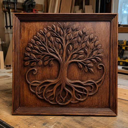 The Tree of Life CNC Relief STL File by Form Arcade features an intricately detailed design of branching roots and leaves, perfect as decorative CNC wall art for woodworking shops.