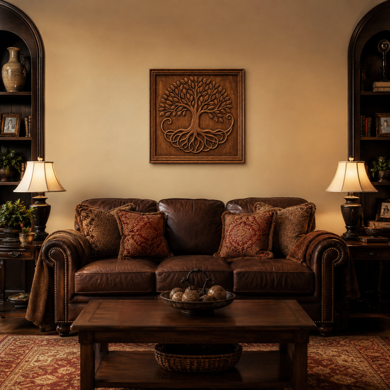 A cozy living room featuring a brown leather sofa with patterned pillows, a wooden coffee table, and warm lighting. Above the sofa hangs the Tree of Life CNC Relief STL File | Decorative CNC Wall Art by Form Arcade, while shelves filled with decor and books flank the statement piece.