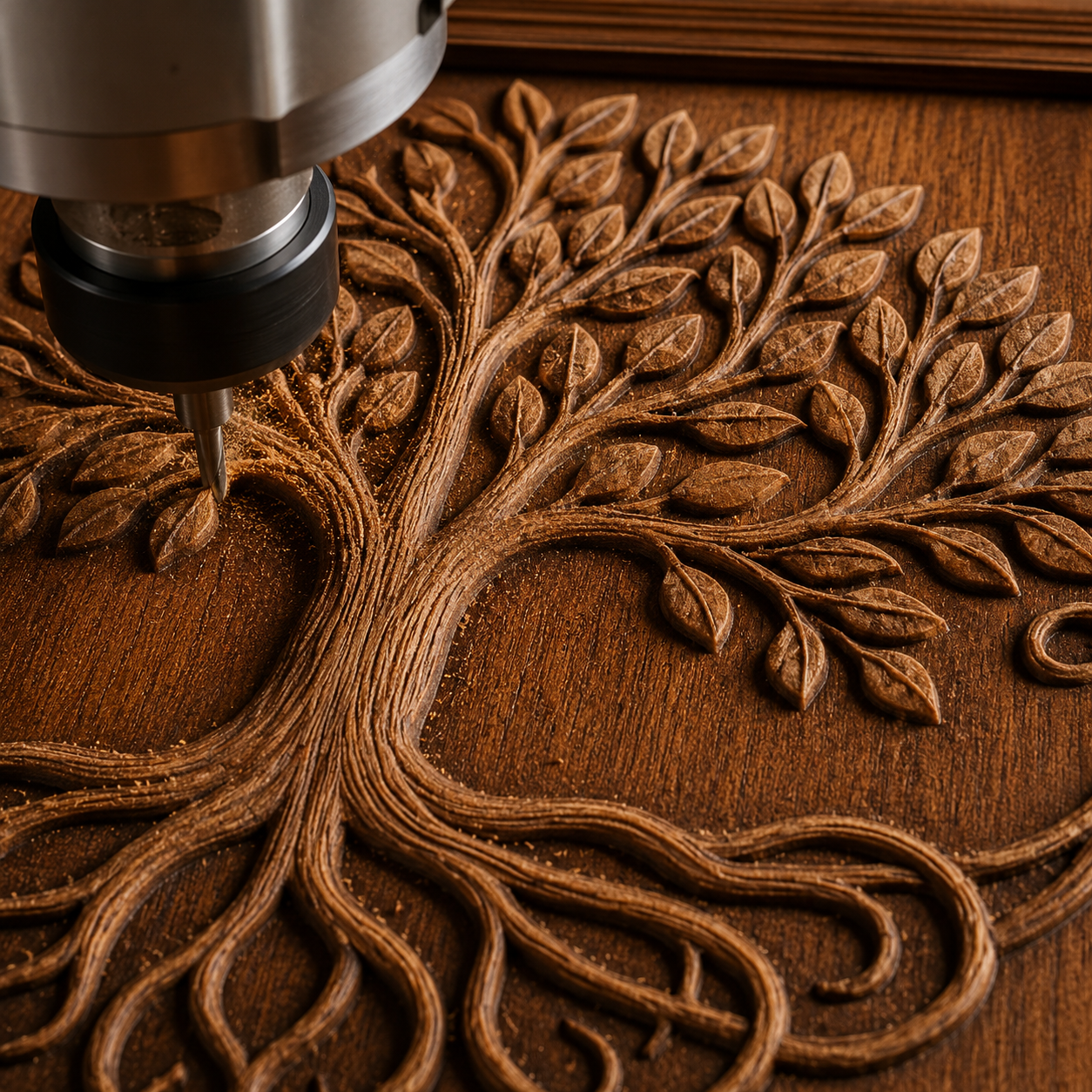 A CNC machine uses the Tree of Life CNC Relief STL File | Decorative CNC Wall Art from Form Arcade to carve an intricate Tree of Life design with twisting branches and roots into a wooden surface, producing fine wood shavings around the detailed engraving.