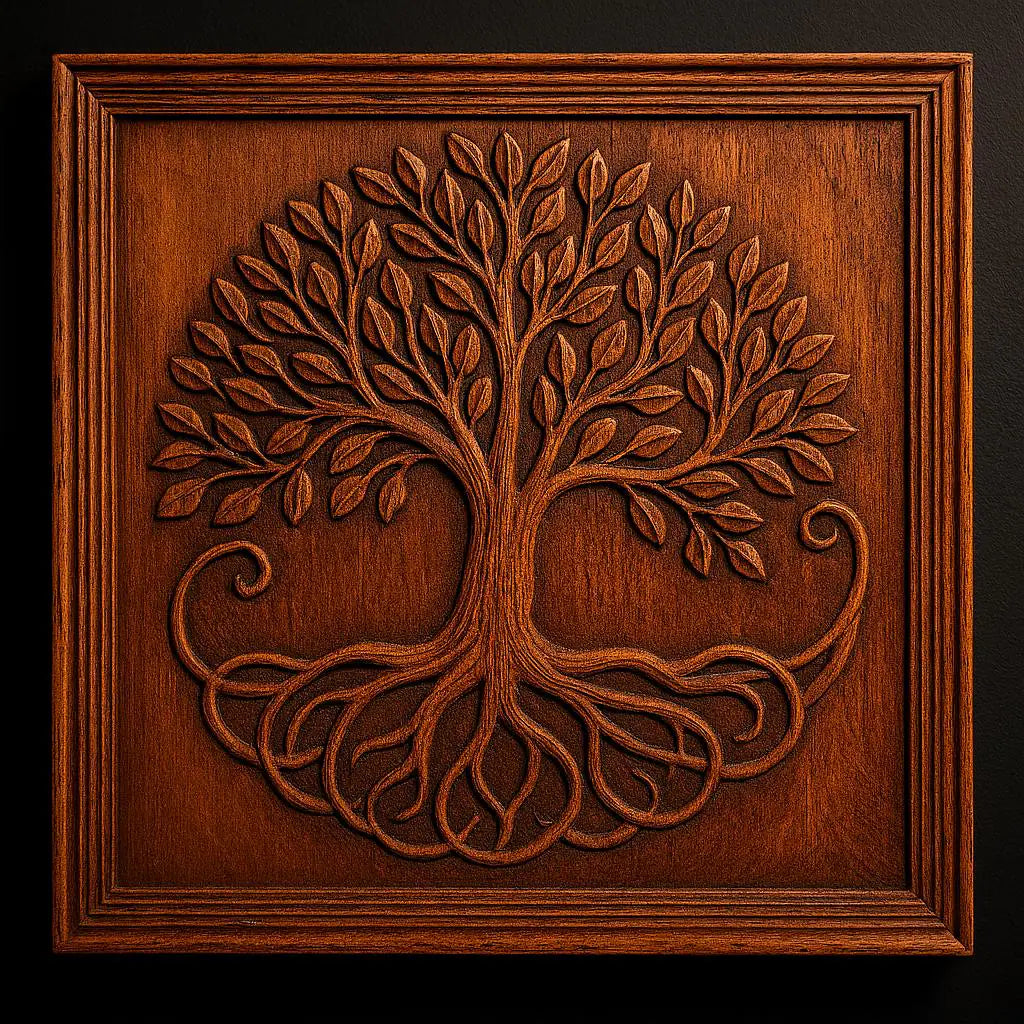 The Tree of Life CNC Relief STL File by Form Arcade showcases a stylized tree with twisting roots and branches carved into a wooden panel, framed by a simple wooden border and set against a dark background—making it the perfect inspiration for woodworking projects or CNC relief carving enthusiasts seeking decorative wall art.