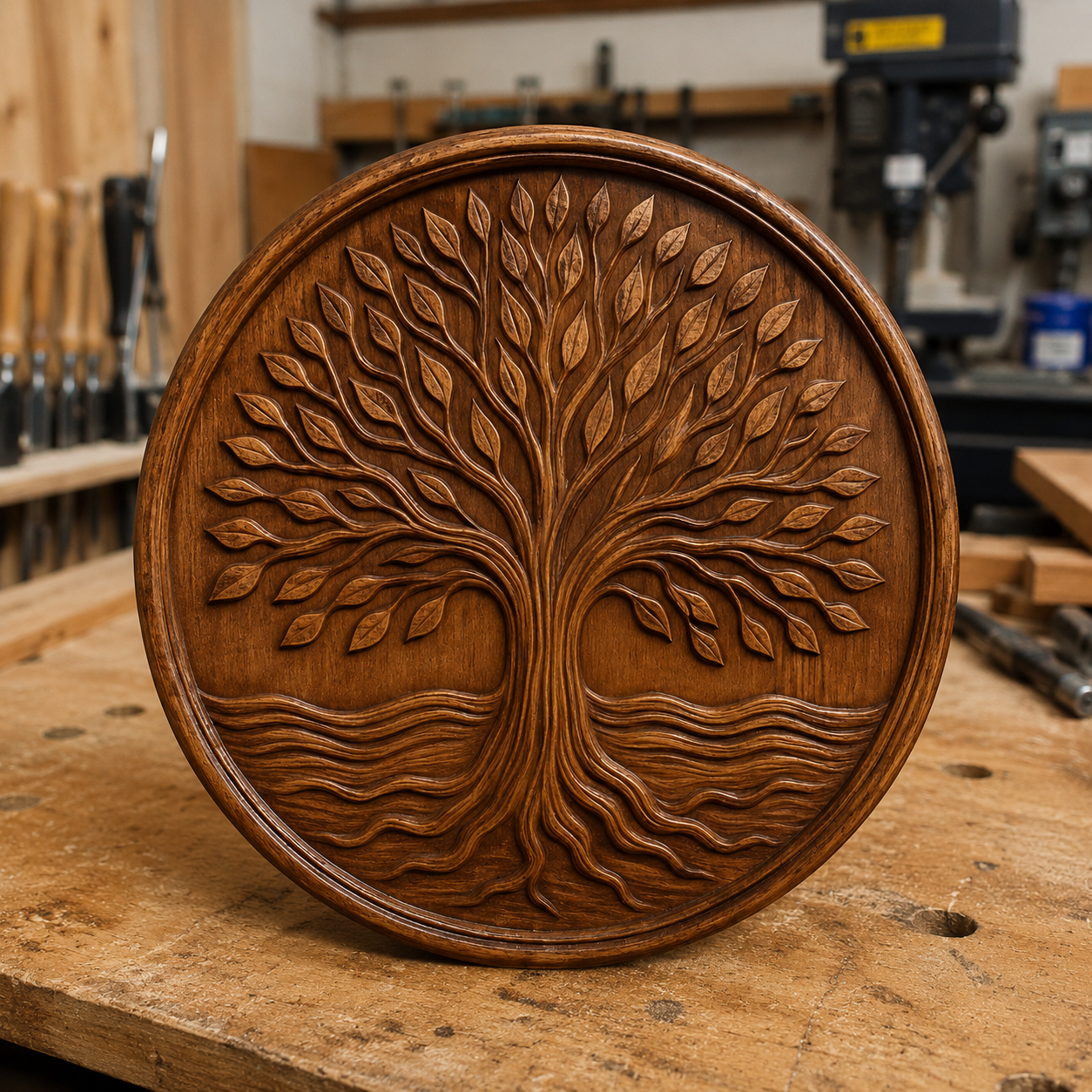 The Tree of Life Medallion CNC Relief STL File by Form Arcade features a detailed tree design with leafy branches and flowing roots, ideal for woodworking projects and custom wall art.