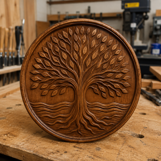 The Tree of Life Medallion CNC Relief STL File by Form Arcade features a detailed tree design with leafy branches and flowing roots, ideal for woodworking projects and custom wall art.